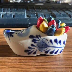 Vintage Holland Dutch Windmill Ceramic Clog Shoe with Tulip Flowers Miniature 3"